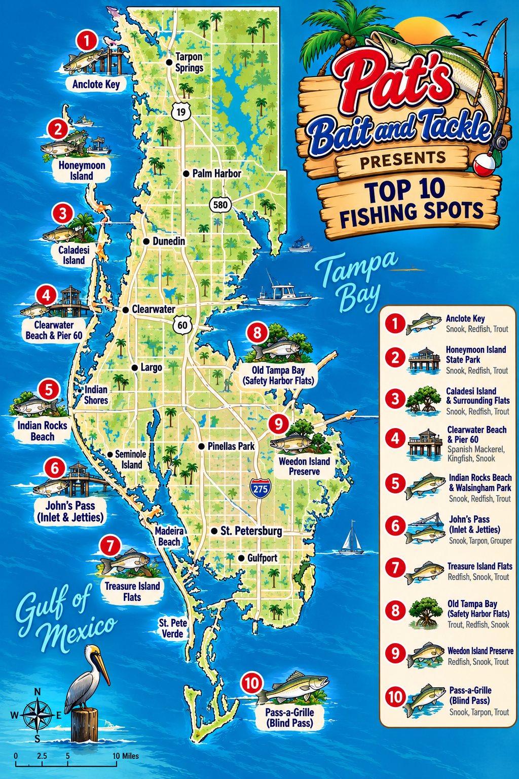 Pat's illustrated top ten Pinellas County fishing spots map