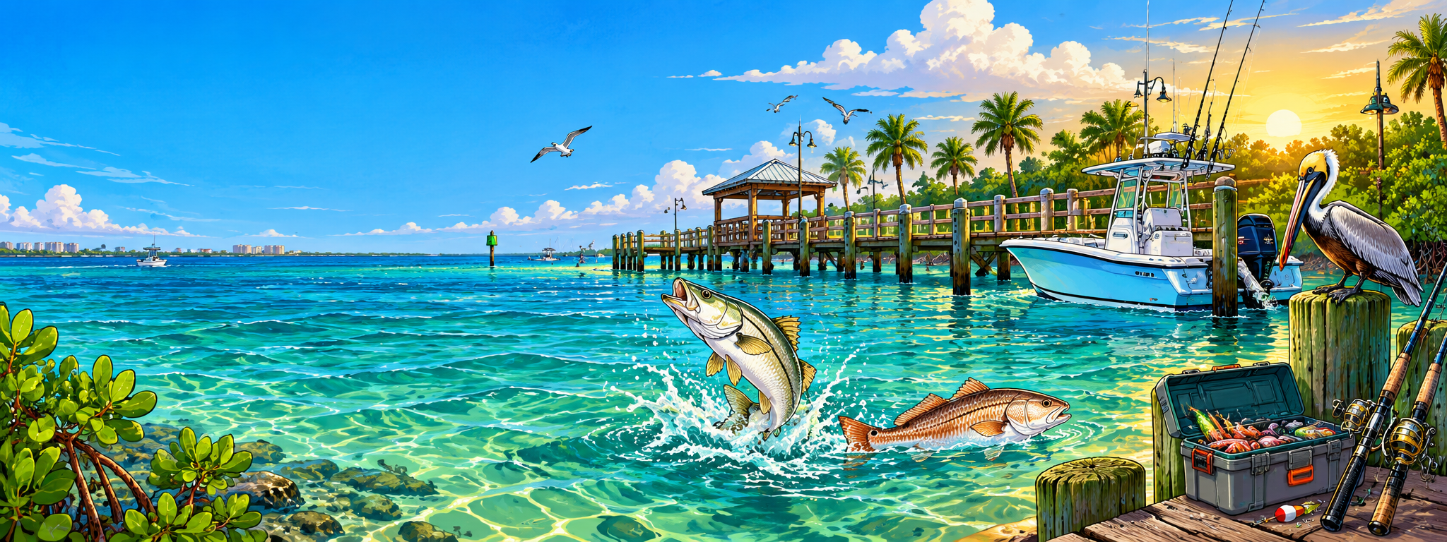 Illustrated Florida fishing scene